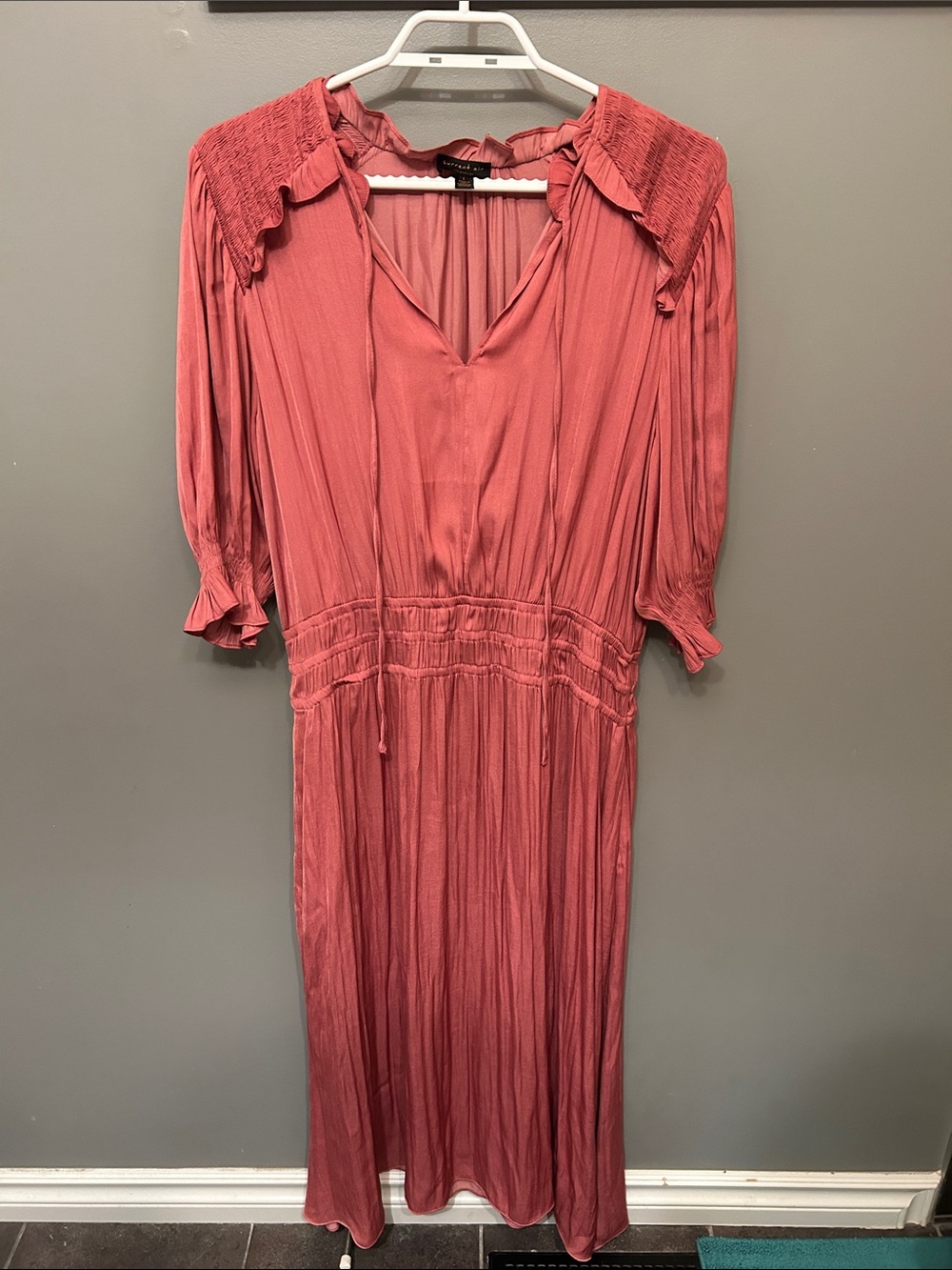 Anthropologie Dusty Rose Midi Dress with Smocked Shoulders